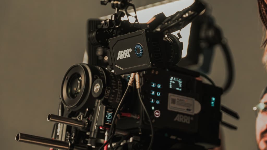 Cinema camera with lens and cables on a film set